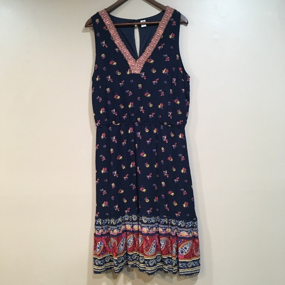 Old Navy Floral Midi Dress Womens L Navy Blue Boho Paisley Americana Embroidered